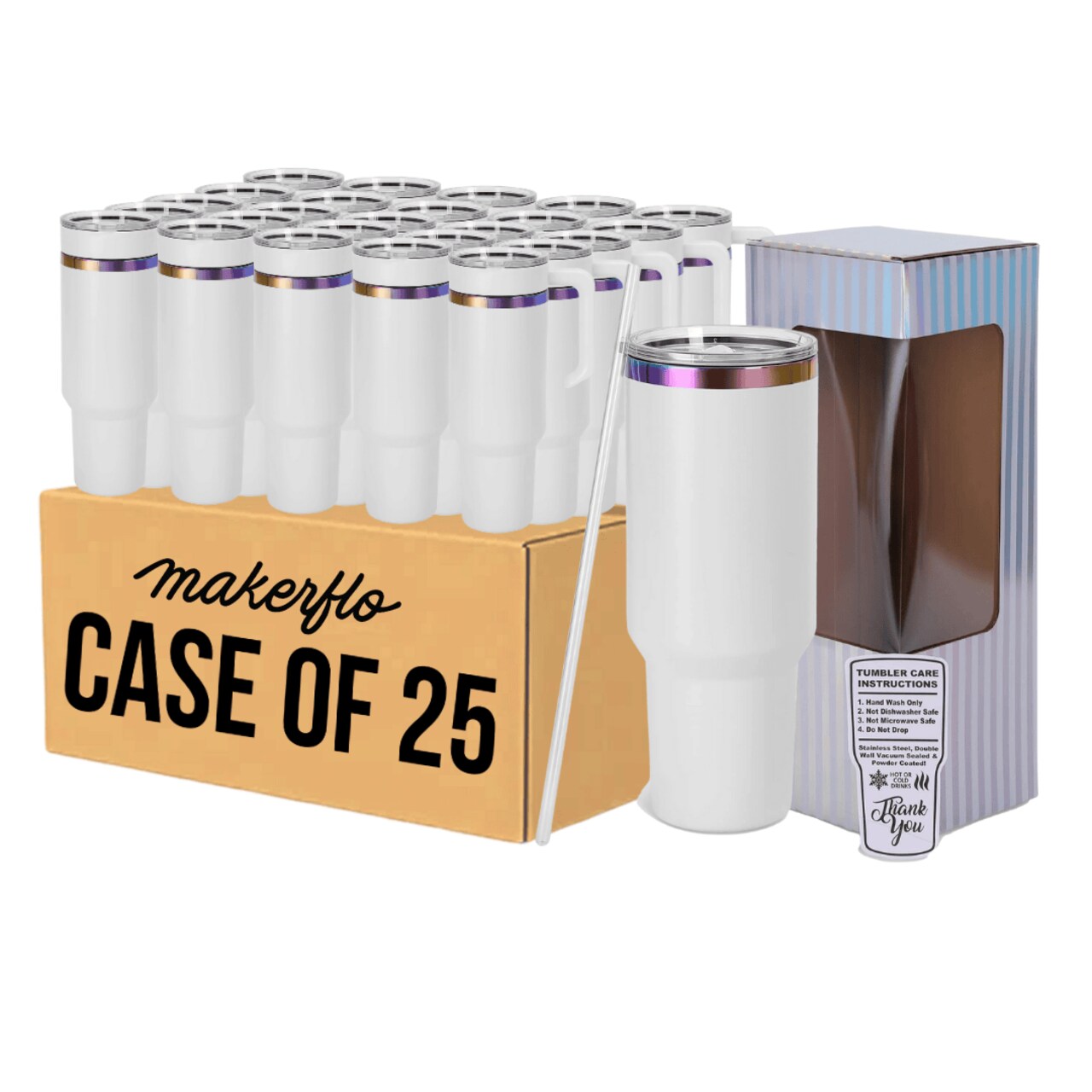 40 oz Rainbow Plated Powder Coated Tumbler with Clear Slide Lid, Handle Compatible, Perfect for Laser Engraving, UV DTF, Epoxy & Vinyl Crafts – Case of 25